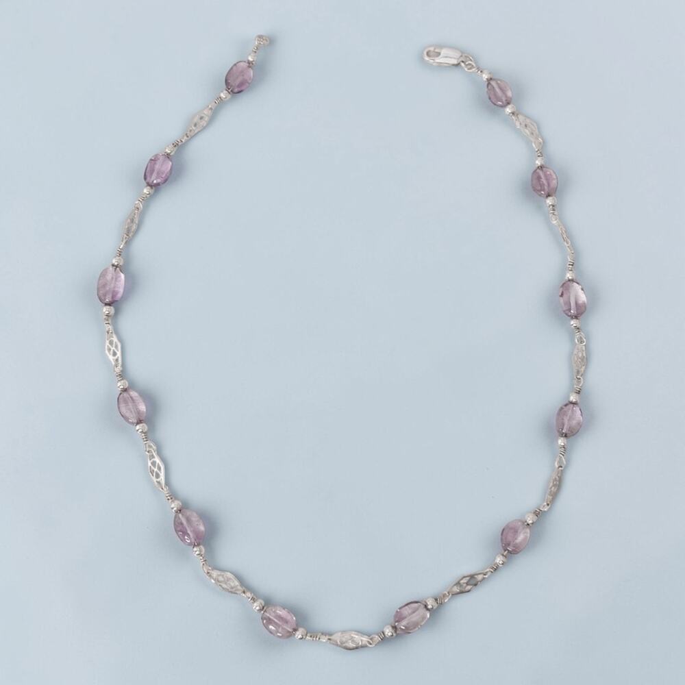 Vintage 925 Sterling Silver Natural Amethyst Bead Necklace Filigree Chain 16"